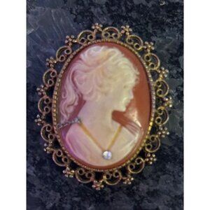 Vintage Cameo Brooch Rhinestone Victorian Style Lady Profile Gold-Tone Filigree